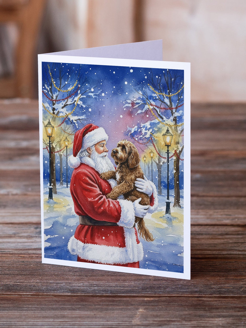 Chocolate Labradoodle with Santa Claus Greeting Cards Pack of 8 Blank Cards with Envelopes Whimsical A7 Size 5x7