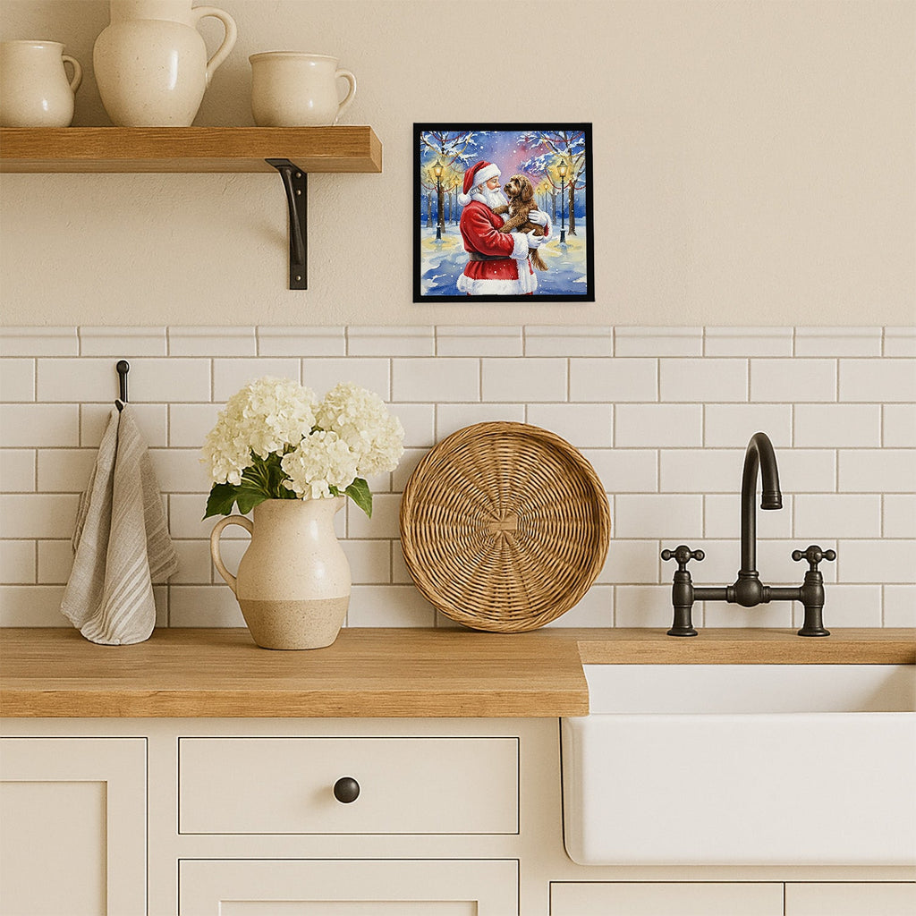Chocolate Labradoodle with Santa Claus Framed Metal Print Bathroom, Kitchen, Office, Home Decor Wall Art Ready to Hang, Square, 8X8