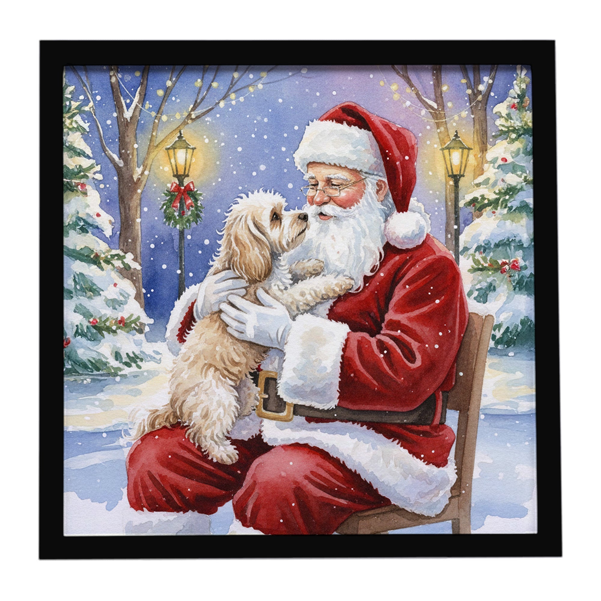 Maltipoo with Santa Claus Framed Metal Print Bathroom, Kitchen, Office, Home Decor Wall Art Ready to Hang, Square, 8X8