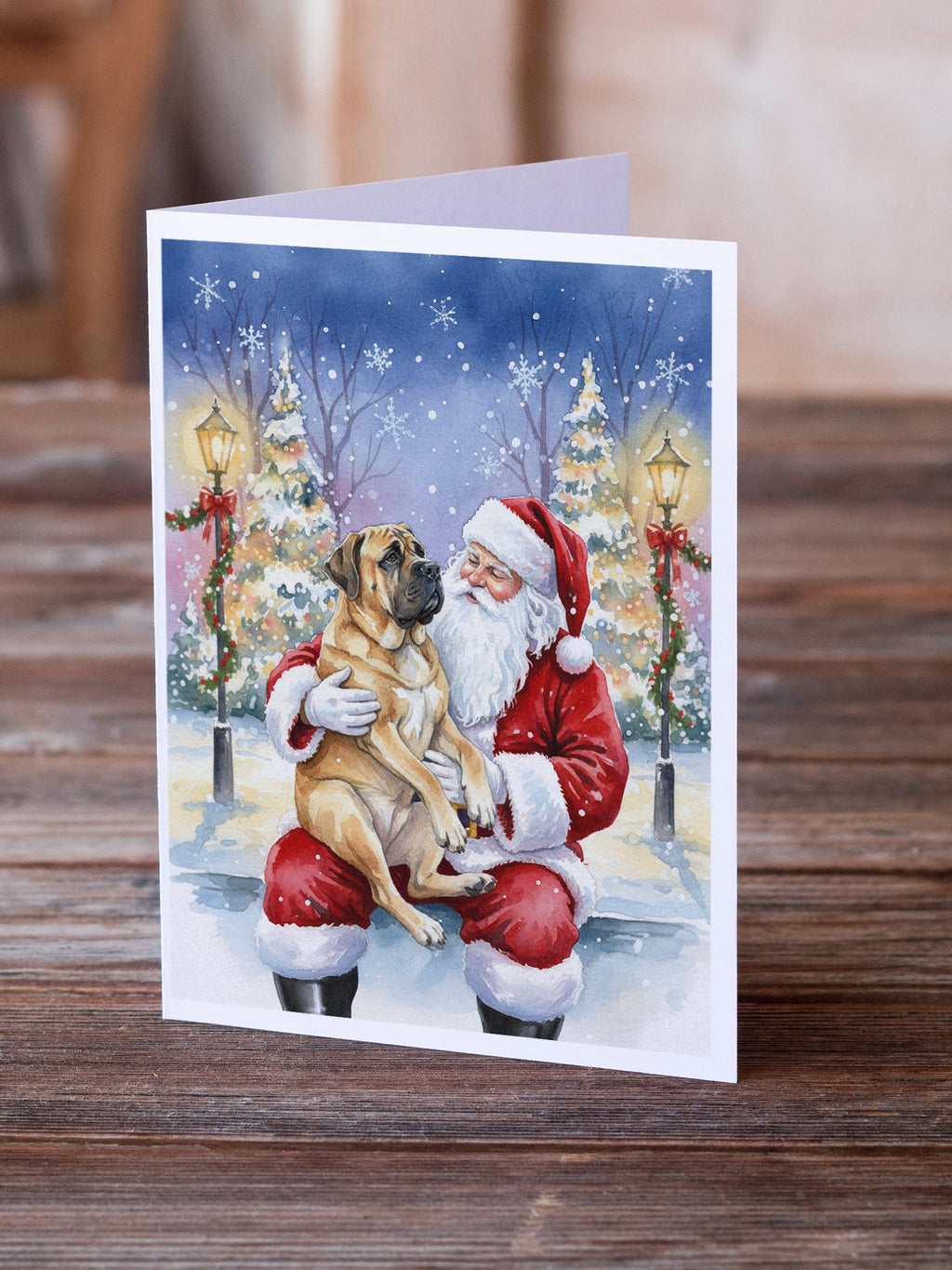Mastiff with Santa Claus Greeting Cards Pack of 8 Blank Cards with Envelopes Whimsical A7 Size 5x7