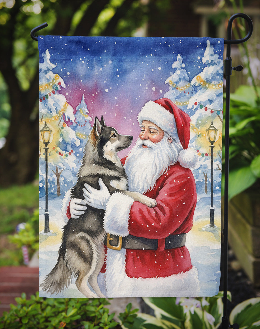 Norwegian Elkhound with Santa Claus Garden Flag Mailbox Decorative Yard Banner Outside Patio Artwork for Flower Beds, Garden Size, Multicolor
