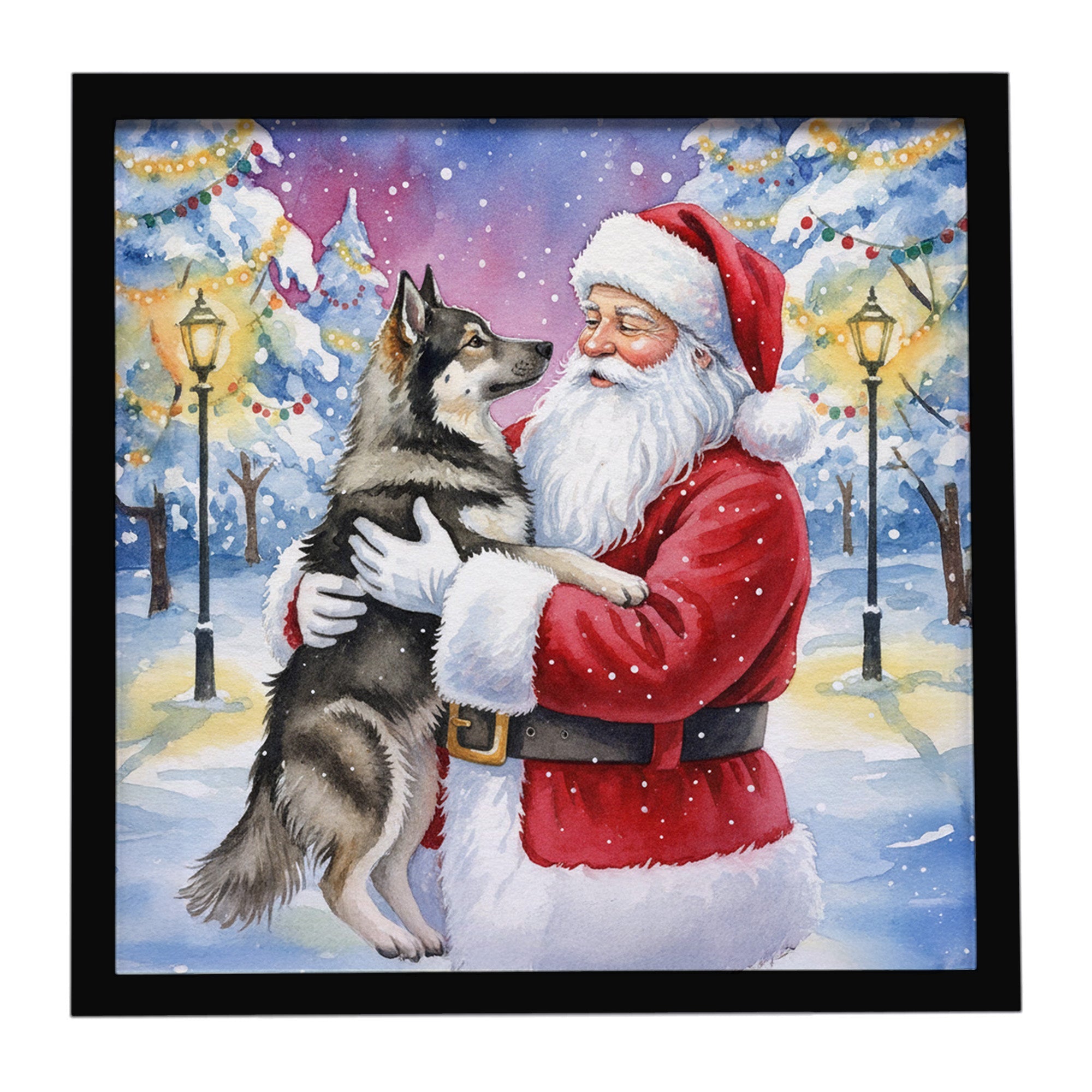 Norwegian Elkhound with Santa Claus Framed Metal Print Bathroom, Kitchen, Office, Home Decor Wall Art Ready to Hang, Square, 8X8