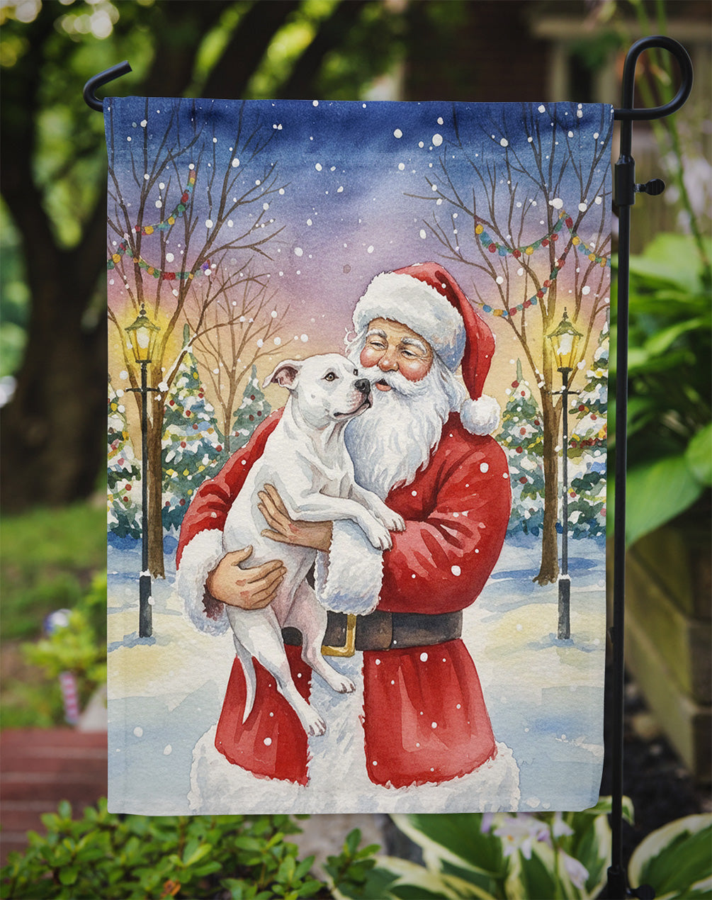 White Pit Bull Terrier with Santa Claus Garden Flag Mailbox Decorative Yard Banner Outside Patio Artwork for Flower Beds, Garden Size, Multicolor