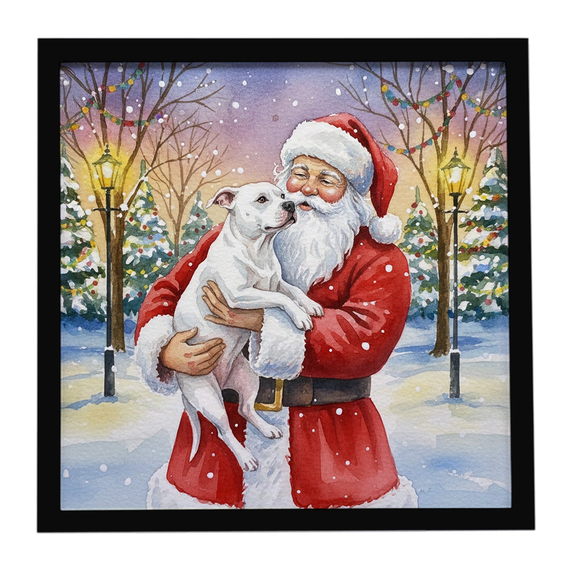 White Pit Bull Terrier with Santa Claus Framed Metal Print Bathroom, Kitchen, Office, Home Decor Wall Art Ready to Hang, Square, 8X8