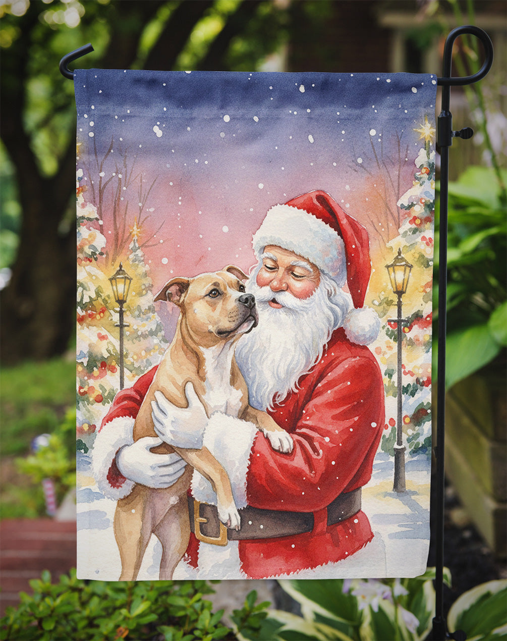 Pit Bull Terrier with Santa Claus Garden Flag Mailbox Decorative Yard Banner Outside Patio Artwork for Flower Beds, Garden Size, Multicolor