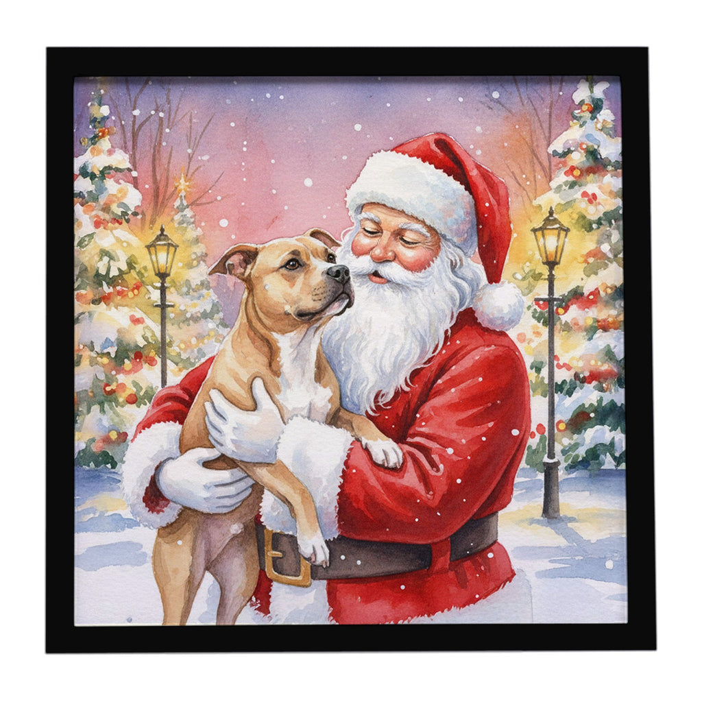 Pit Bull Terrier with Santa Claus Framed Metal Print Bathroom, Kitchen, Office, Home Decor Wall Art Ready to Hang, Square, 8X8