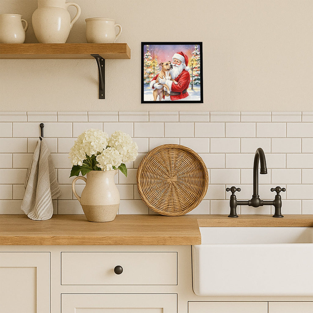 Pit Bull Terrier with Santa Claus Framed Metal Print Bathroom, Kitchen, Office, Home Decor Wall Art Ready to Hang, Square, 8X8