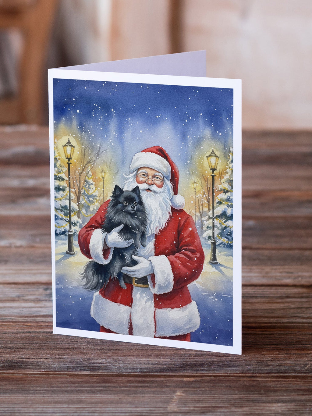 Black Pomeranian with Santa Claus Greeting Cards Pack of 8 Blank Cards with Envelopes Whimsical A7 Size 5x7