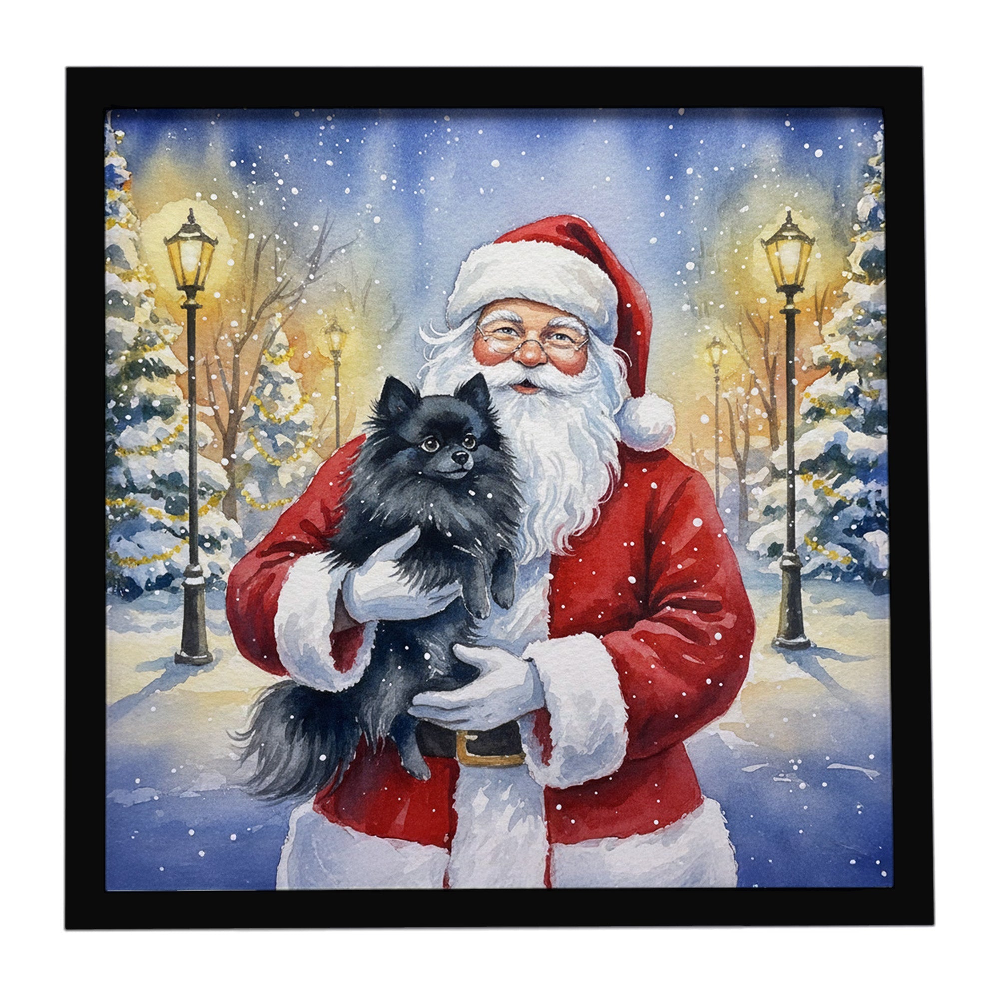 Black Pomeranian with Santa Claus Framed Metal Print Bathroom, Kitchen, Office, Home Decor Wall Art Ready to Hang, Square, 8X8