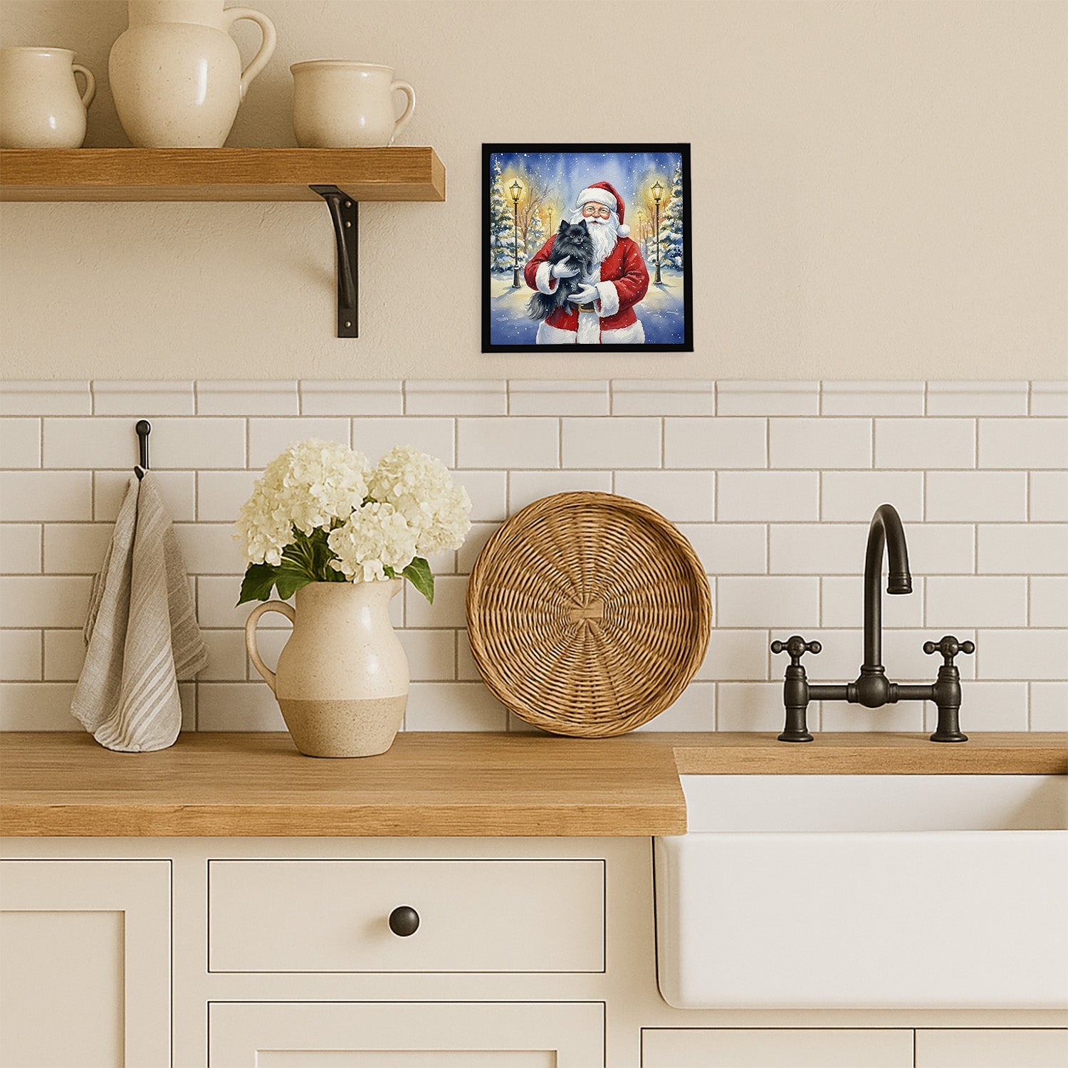 Black Pomeranian with Santa Claus Framed Metal Print Bathroom, Kitchen, Office, Home Decor Wall Art Ready to Hang, Square, 8X8