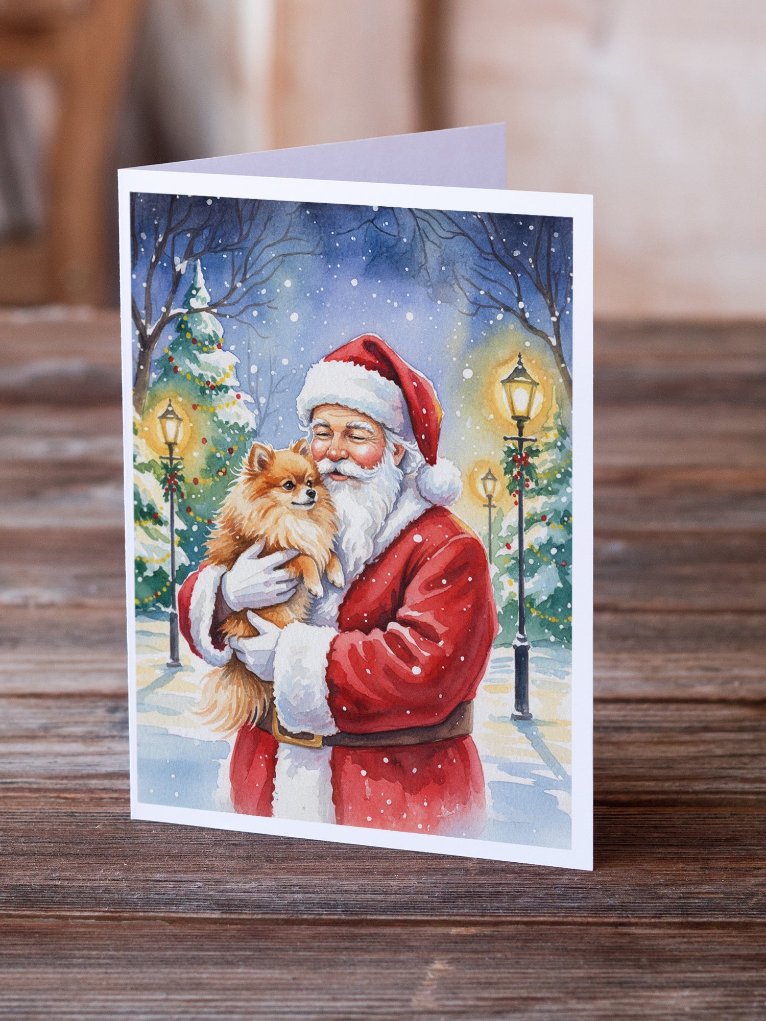 Pomeranian with Santa Claus Greeting Cards Pack of 8 Blank Cards with Envelopes Whimsical A7 Size 5x7