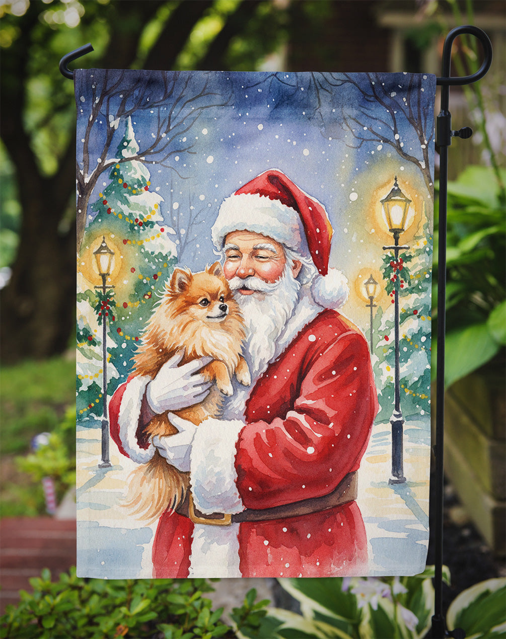 Pomeranian with Santa Claus Garden Flag Mailbox Decorative Yard Banner Outside Patio Artwork for Flower Beds, Garden Size, Multicolor