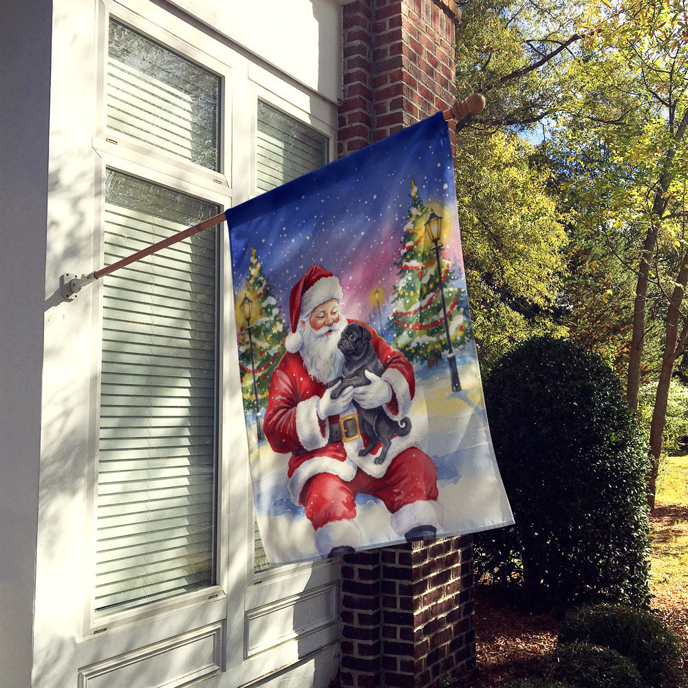 Black Pug with Santa Claus House Flag 28x40 Porch Sleeve Pole Decorative Outside Yard Banner Artwork Wall Hanging, Polyester