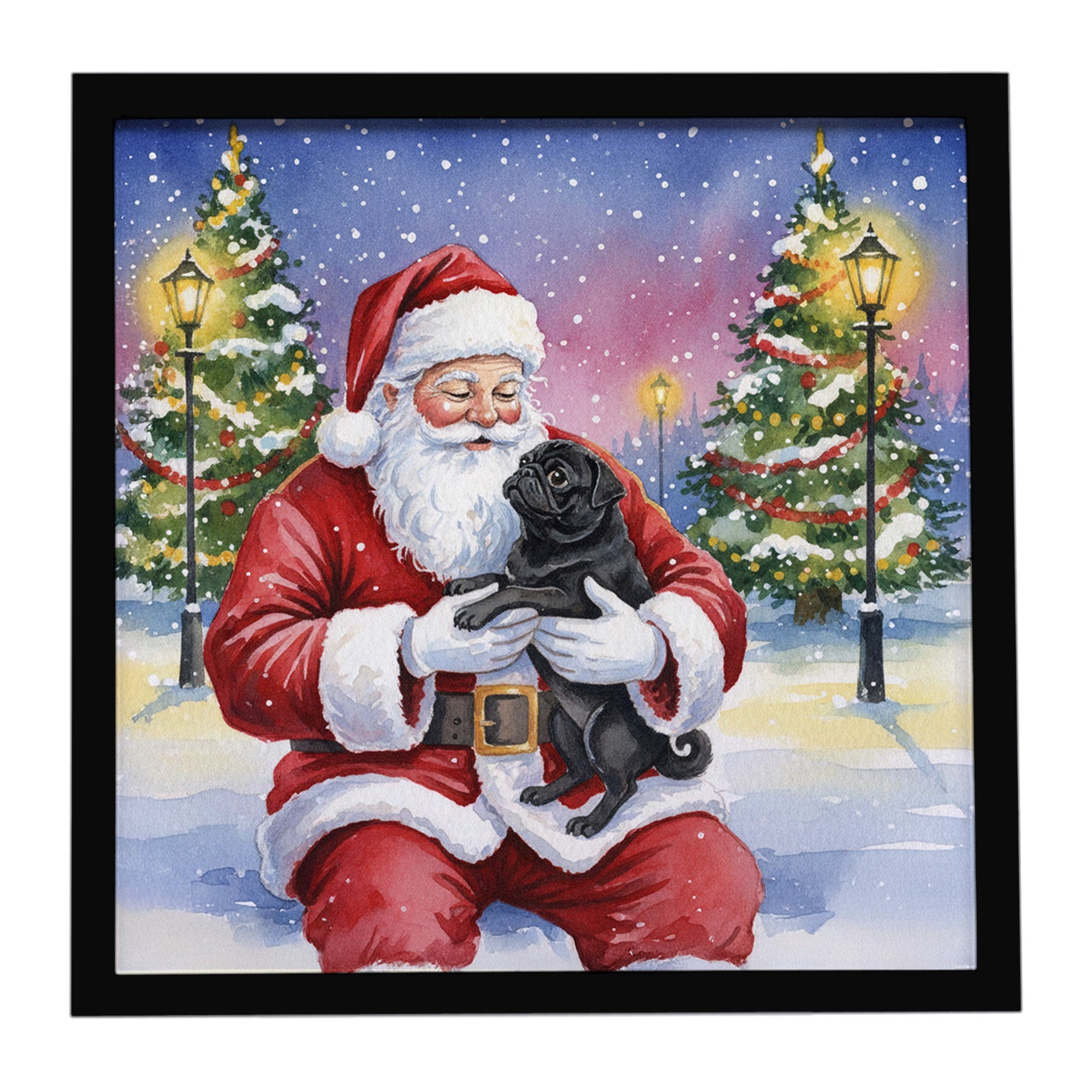 Black Pug with Santa Claus Framed Metal Print Bathroom, Kitchen, Office, Home Decor Wall Art Ready to Hang, Square, 8X8