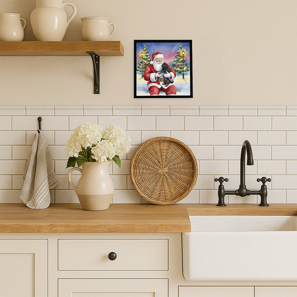 Black Pug with Santa Claus Framed Metal Print Bathroom, Kitchen, Office, Home Decor Wall Art Ready to Hang, Square, 8X8