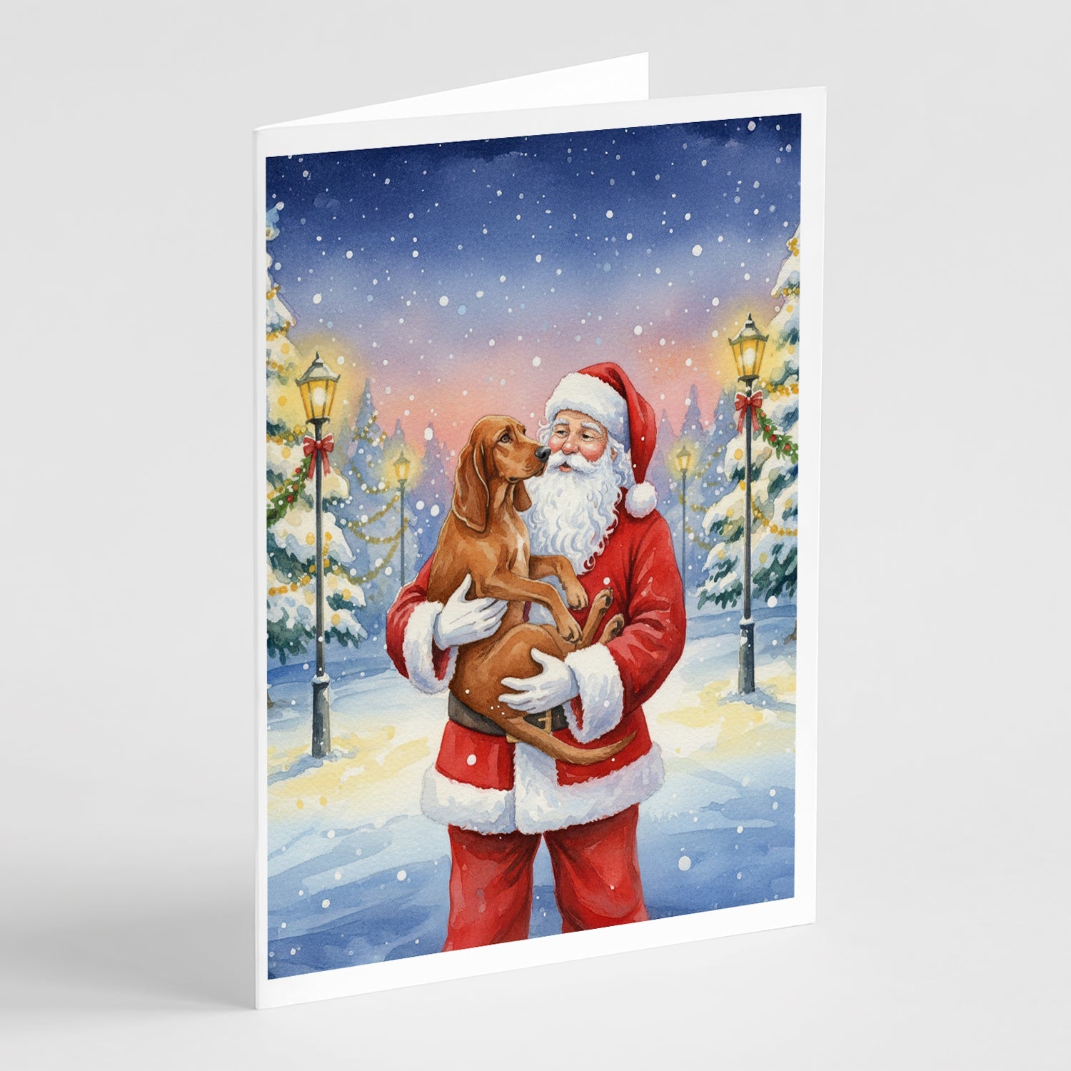 Redbone Coonhound with Santa Claus Greeting Cards Pack of 8 Blank Cards with Envelopes Whimsical A7 Size 5x7