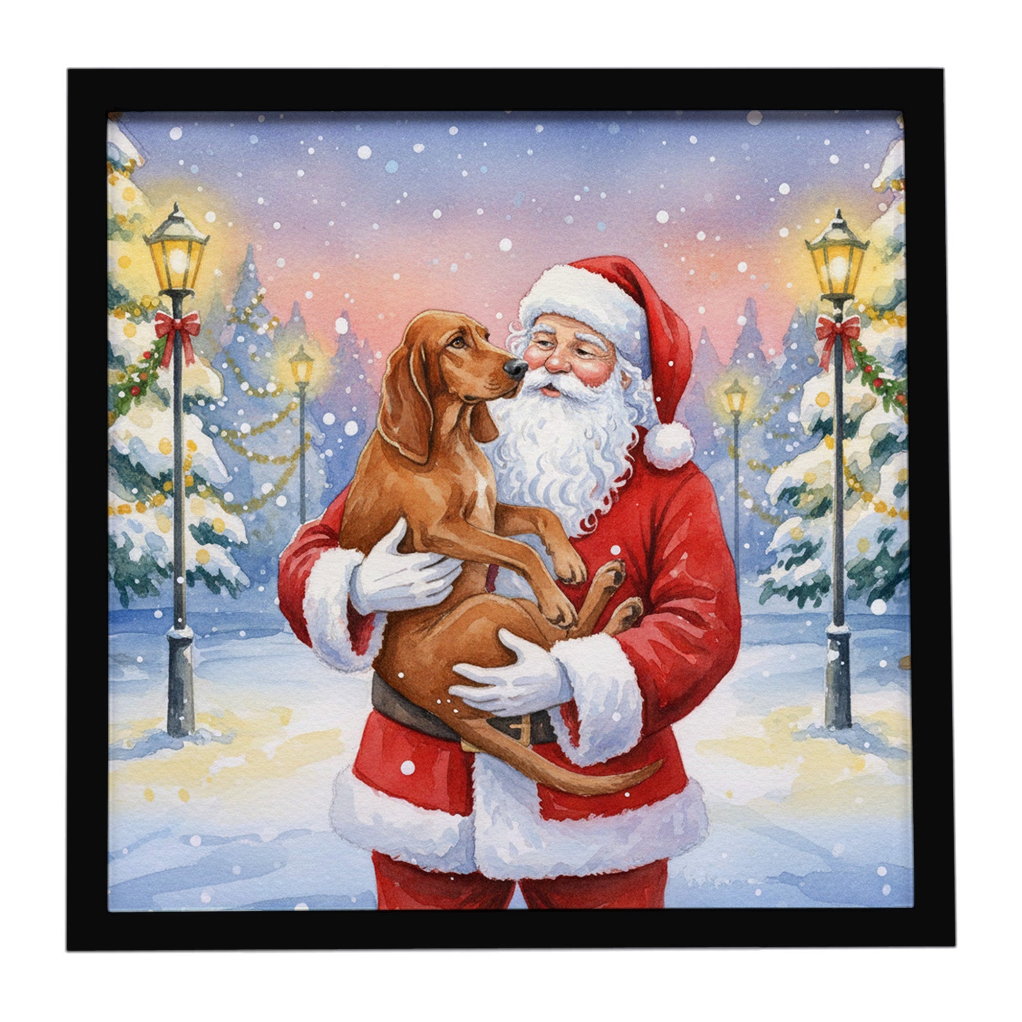 Redbone Coonhound with Santa Claus Framed Metal Print Bathroom, Kitchen, Office, Home Decor Wall Art Ready to Hang, Square, 8X8