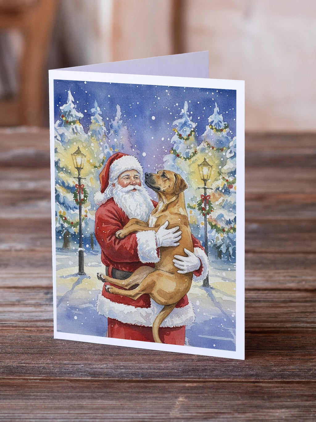 Rhodesian Ridgeback with Santa Claus Greeting Cards Pack of 8 Blank Cards with Envelopes Whimsical A7 Size 5x7