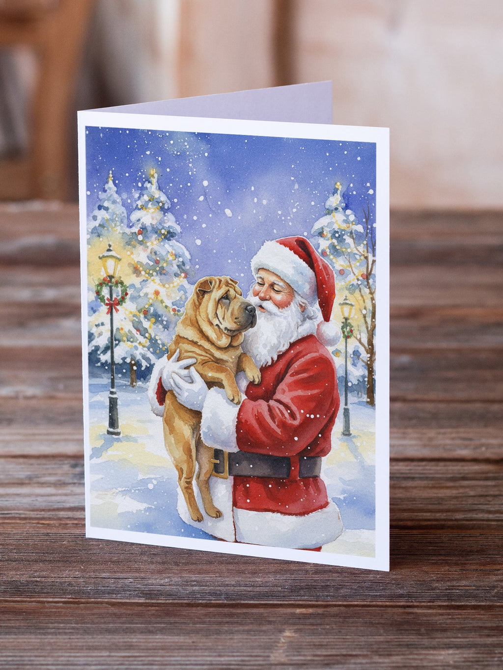 Shar Pei with Santa Claus Greeting Cards Pack of 8 Blank Cards with Envelopes Whimsical A7 Size 5x7