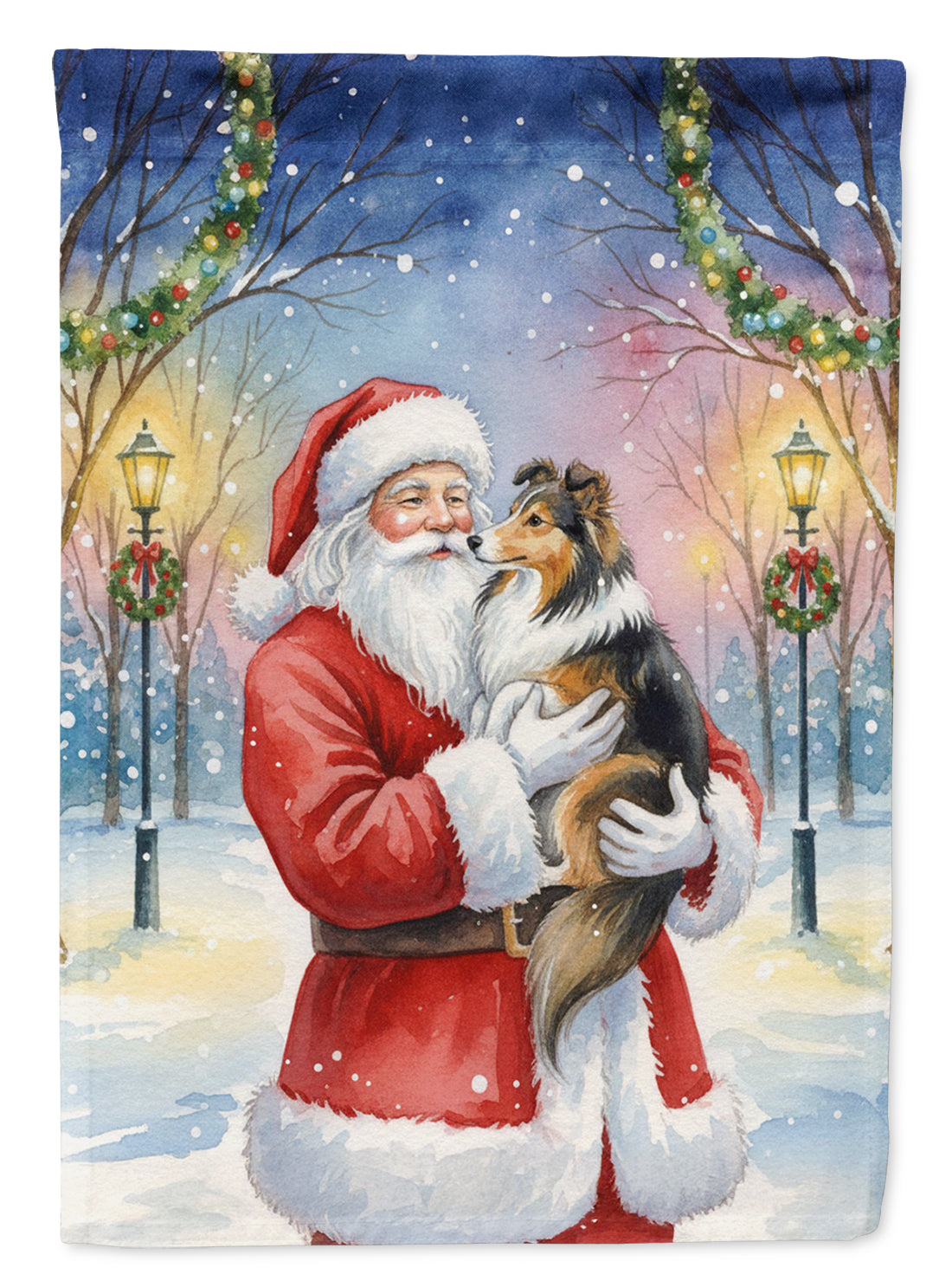 Sheltie with Santa Claus House Flag 28x40 Porch Sleeve Pole Decorative Outside Yard Banner Artwork Wall Hanging, Polyester