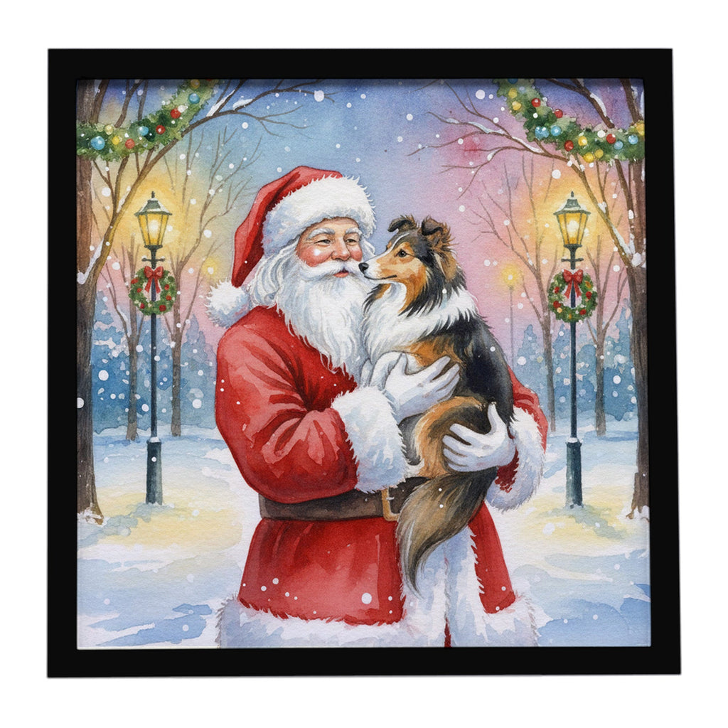 Sheltie with Santa Claus Framed Metal Print Bathroom, Kitchen, Office, Home Decor Wall Art Ready to Hang, Square, 8X8