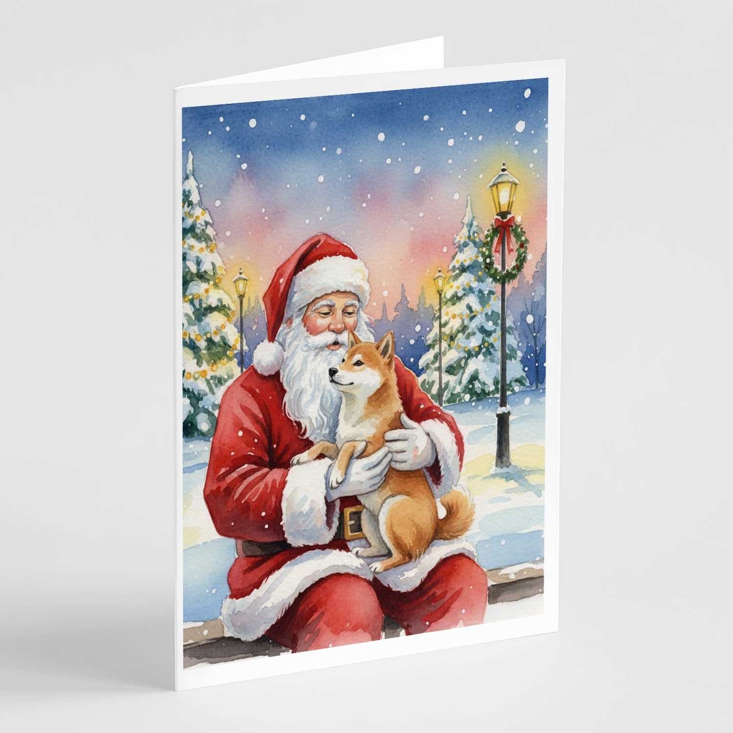 Shiba Inu with Santa Claus Greeting Cards Pack of 8 Blank Cards with Envelopes Whimsical A7 Size 5x7