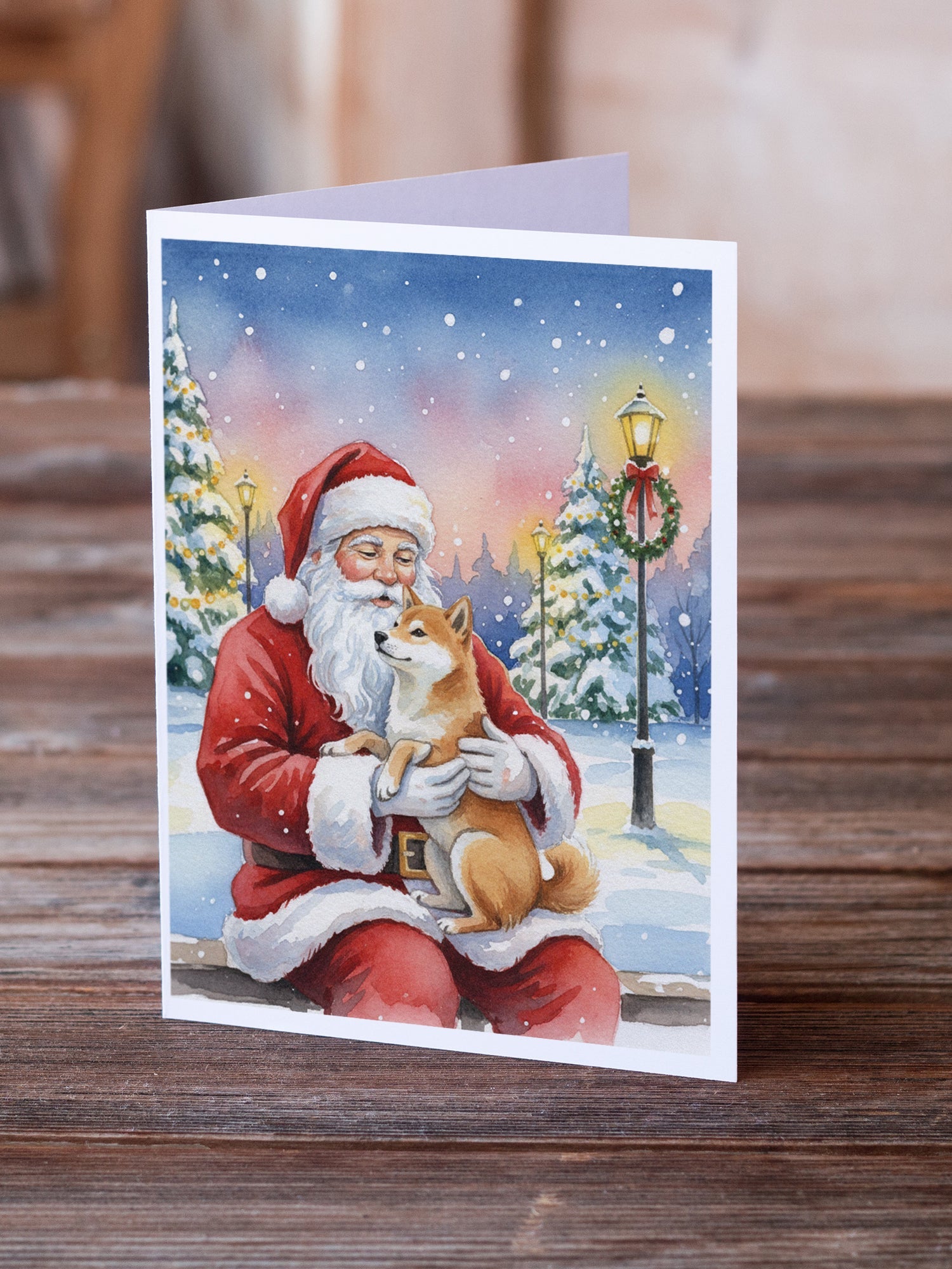 Shiba Inu with Santa Claus Greeting Cards Pack of 8 Blank Cards with Envelopes Whimsical A7 Size 5x7