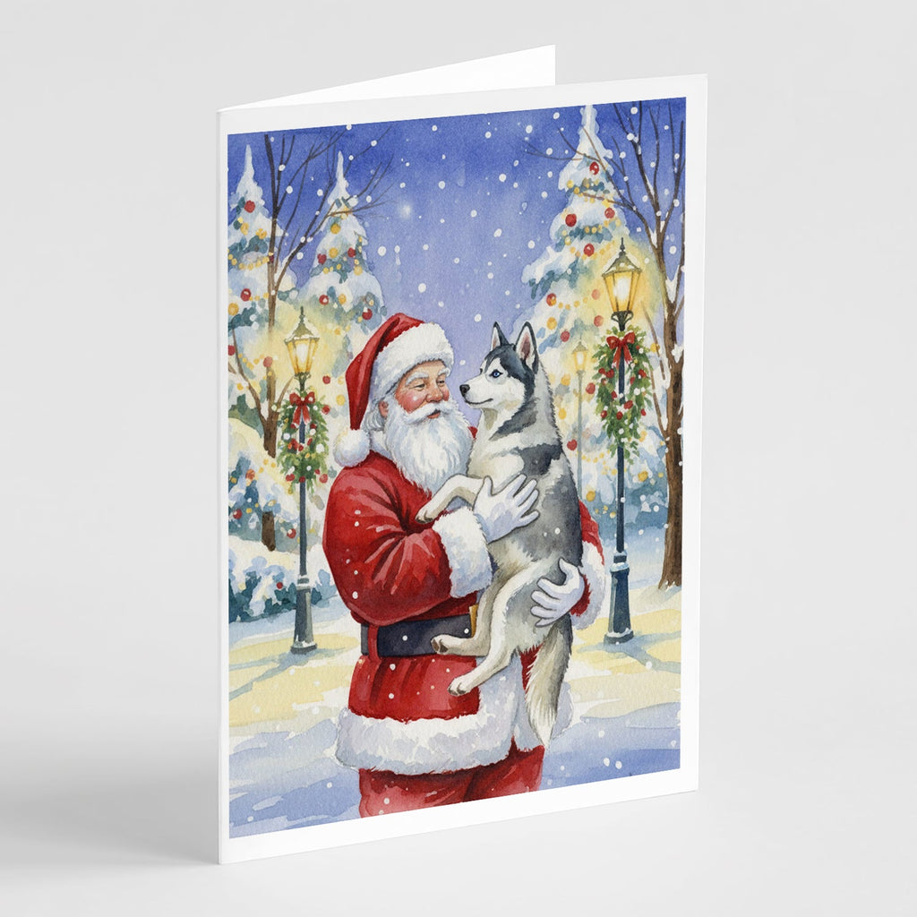 Siberian Husky with Santa Claus Greeting Cards Pack of 8 Blank Cards with Envelopes Whimsical A7 Size 5x7