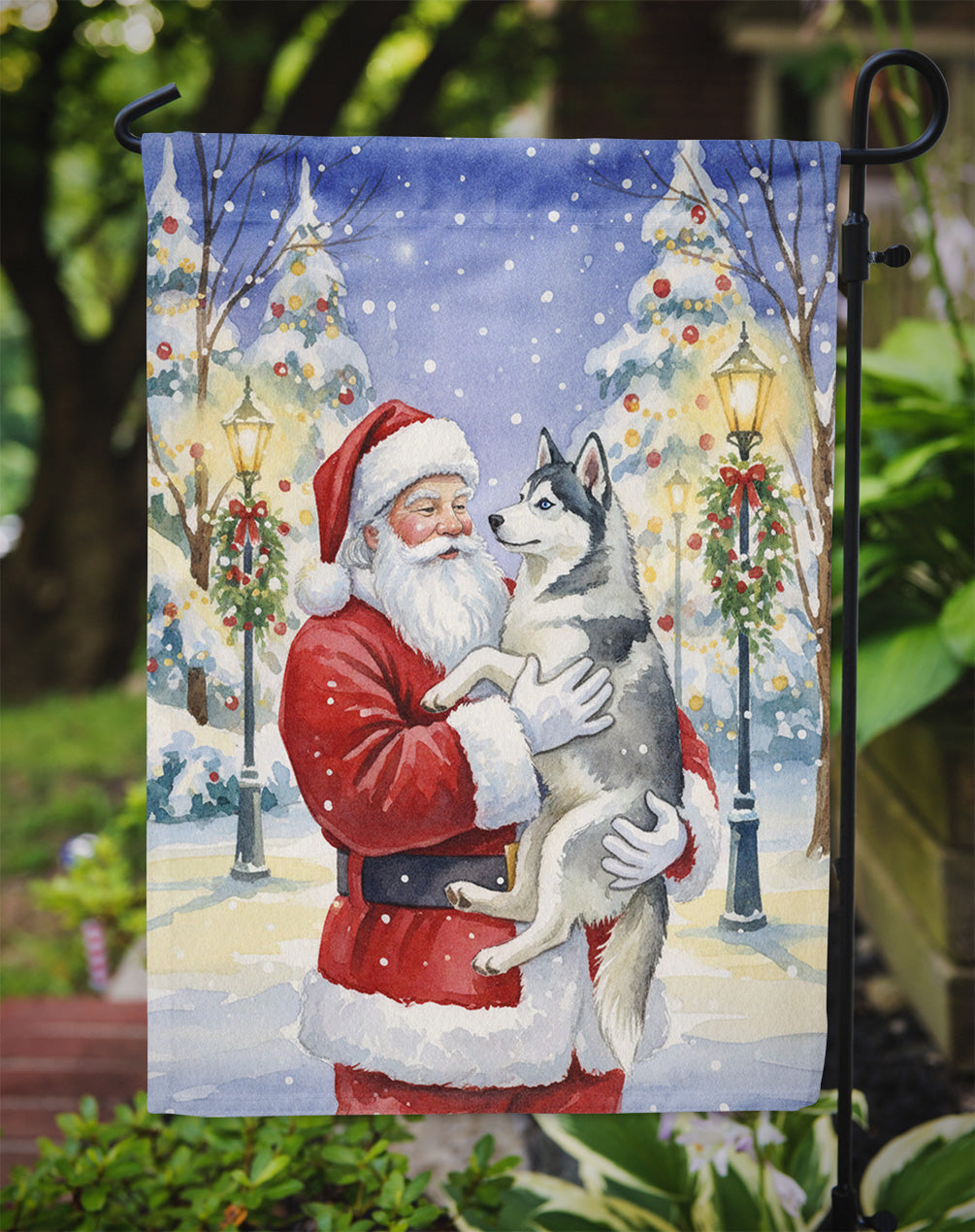 Siberian Husky with Santa Claus Garden Flag Mailbox Decorative Yard Banner Outside Patio Artwork for Flower Beds, Garden Size, Multicolor