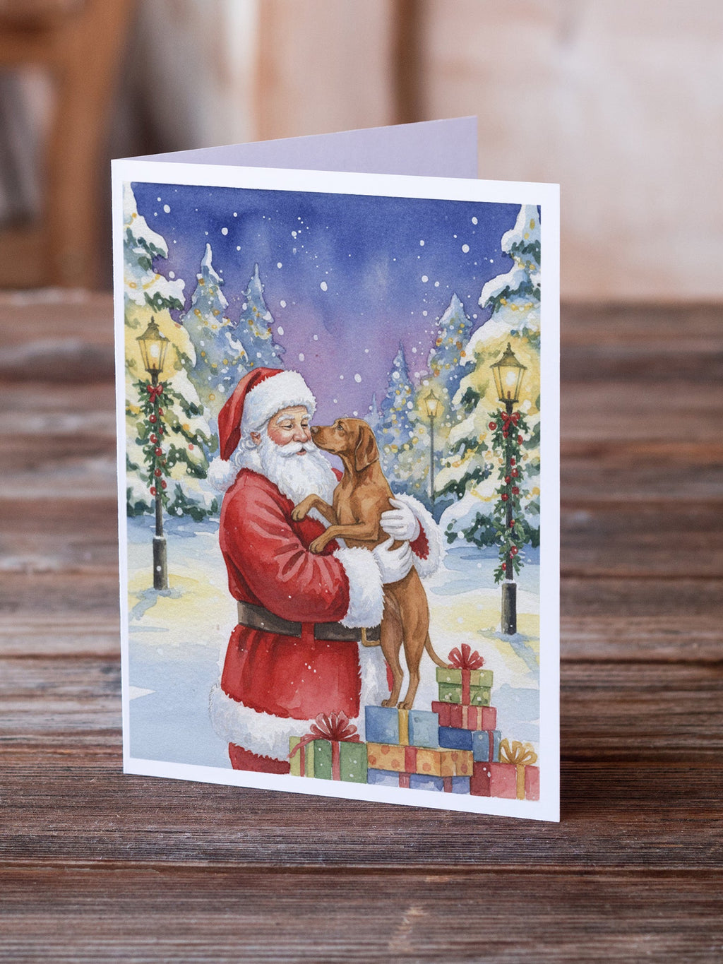 Vizsla with Santa Claus Greeting Cards Pack of 8 Blank Cards with Envelopes Whimsical A7 Size 5x7