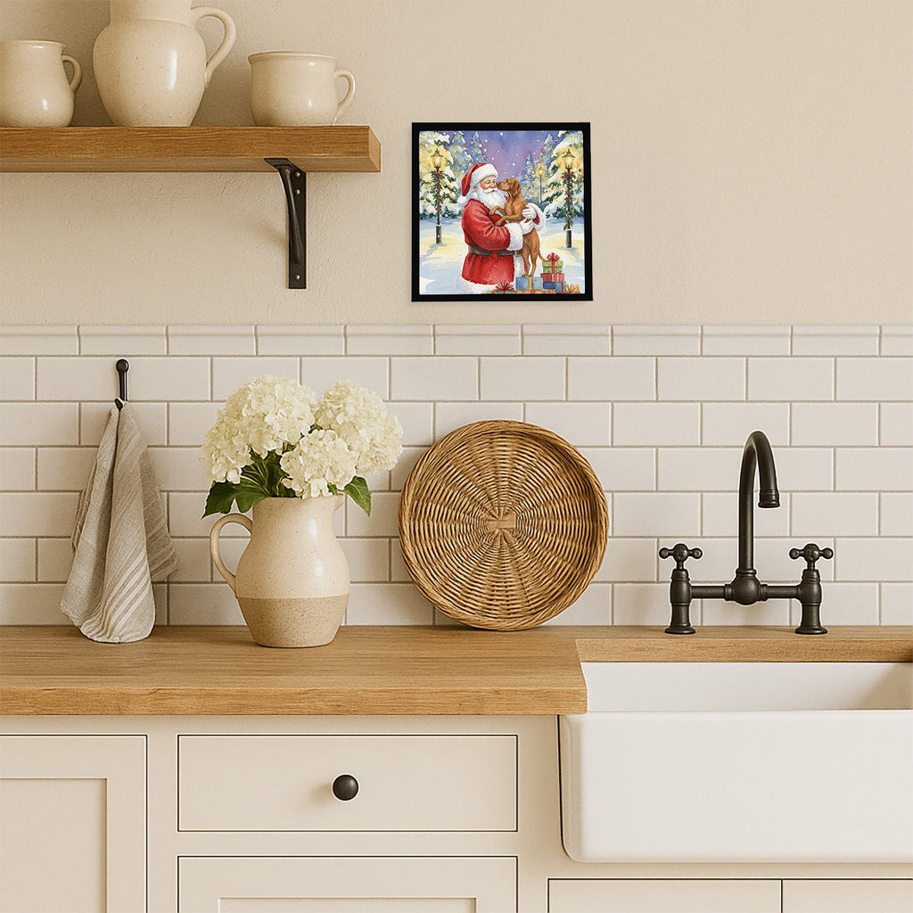 Vizsla with Santa Claus Framed Metal Print Bathroom, Kitchen, Office, Home Decor Wall Art Ready to Hang, Square, 8X8