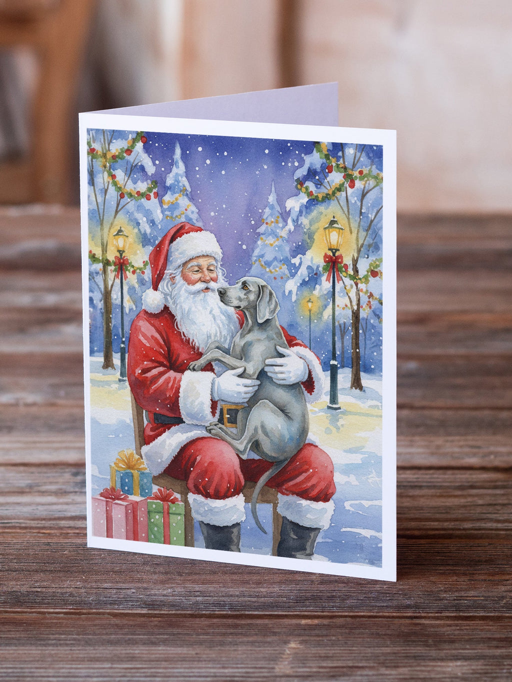 Weimaraner with Santa Claus Greeting Cards Pack of 8 Blank Cards with Envelopes Whimsical A7 Size 5x7
