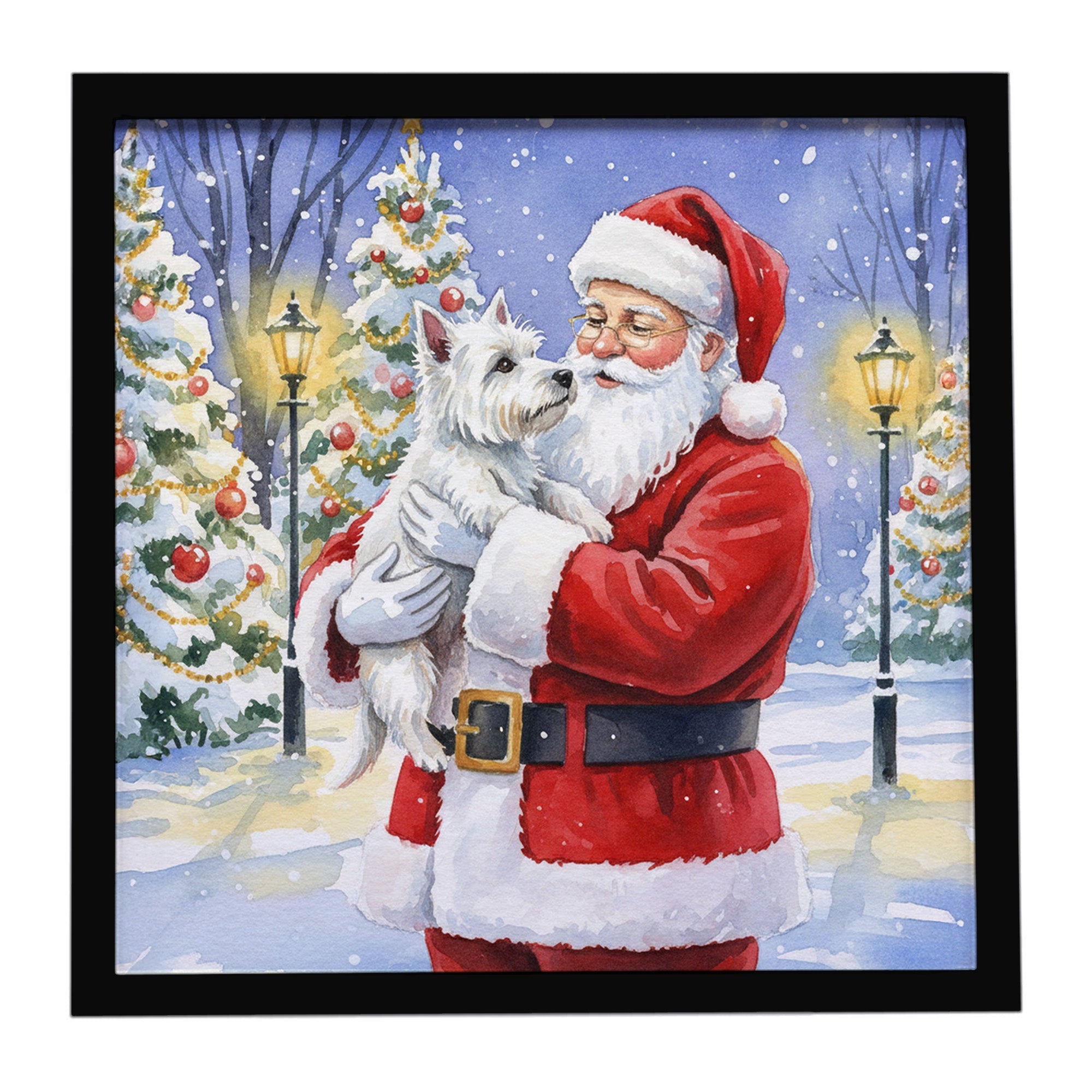 Westie with Santa Claus Framed Metal Print Bathroom, Kitchen, Office, Home Decor Wall Art Ready to Hang, Square, 8X8