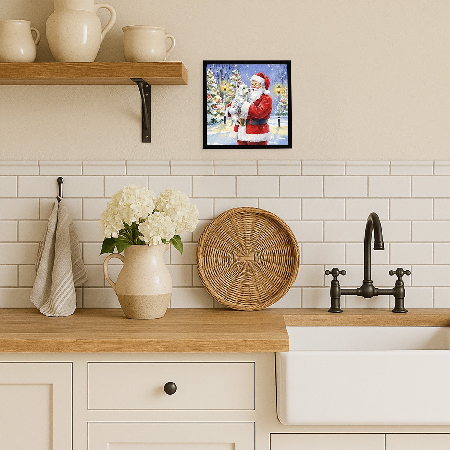 Westie with Santa Claus Framed Metal Print Bathroom, Kitchen, Office, Home Decor Wall Art Ready to Hang, Square, 8X8