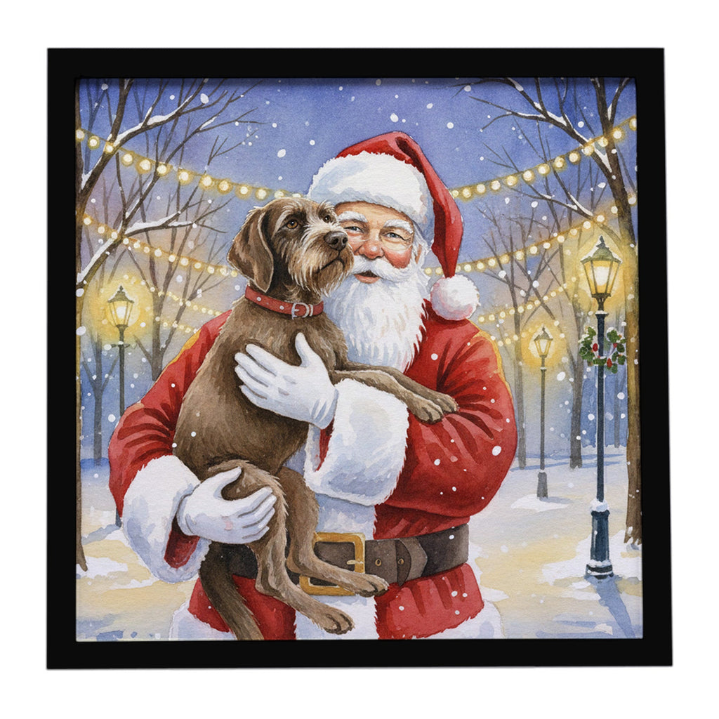 Wirehaired Pointing Griffon with Santa Claus Framed Metal Print Bathroom, Kitchen, Office, Home Decor Wall Art Ready to Hang, Square, 8X8