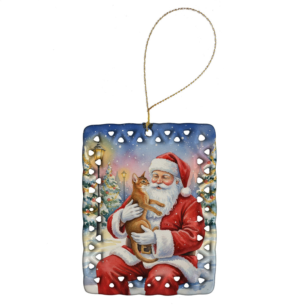 Abyssinian Cat with Santa Claus Porcelain Ornament Christmas Tree Hanging Decorations for Home Christmas Holiday, Rectangle, Gift, Multicolor