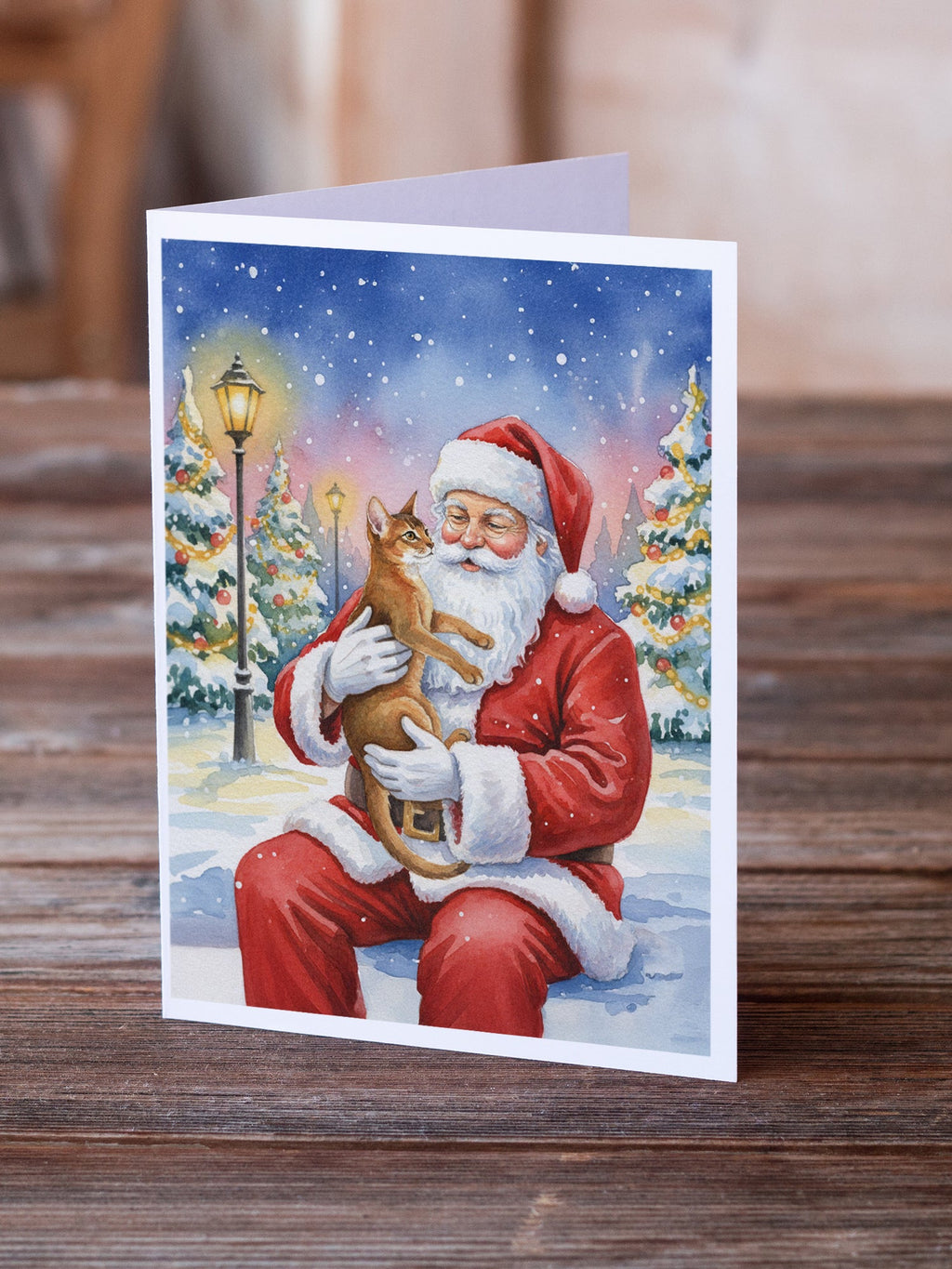 Abyssinian Cat with Santa Claus Greeting Cards Pack of 8 Blank Cards with Envelopes Whimsical A7 Size 5x7
