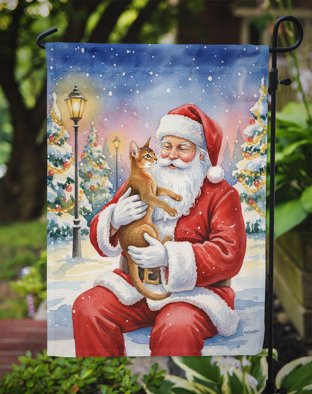 Abyssinian Cat with Santa Claus Garden Flag Mailbox Decorative Yard Banner Outside Patio Artwork for Flower Beds, Garden Size, Multicolor