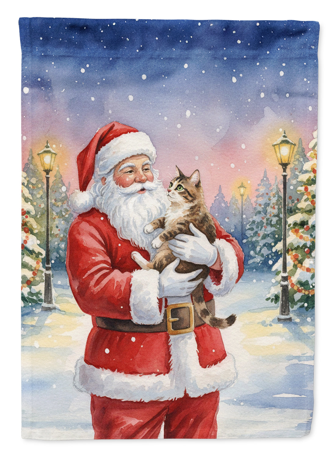 American Bobtail Cat with Santa Claus House Flag 28x40 Porch Sleeve Pole Decorative Outside Yard Banner Artwork Wall Hanging, Polyester