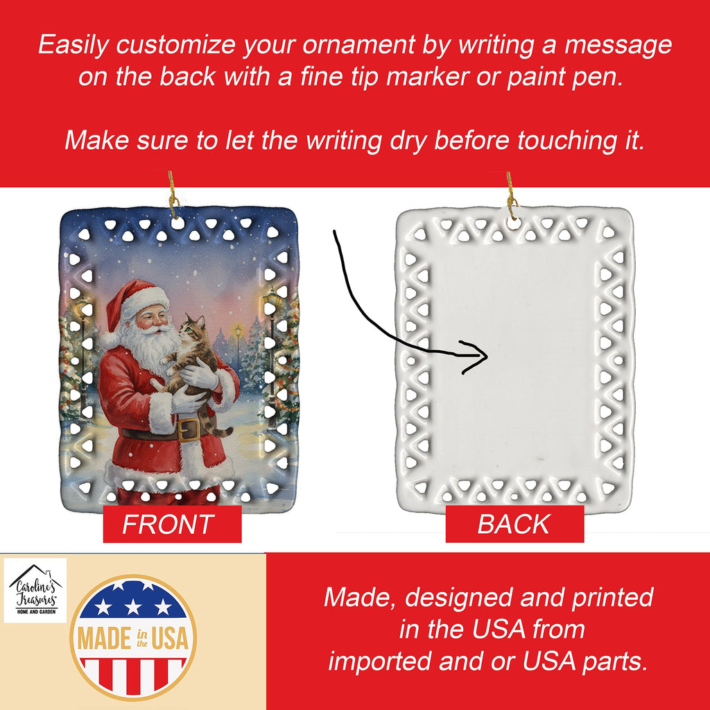 American Bobtail Cat with Santa Claus Porcelain Ornament Christmas Tree Hanging Decorations for Home Christmas Holiday, Rectangle, Gift, Multicolor