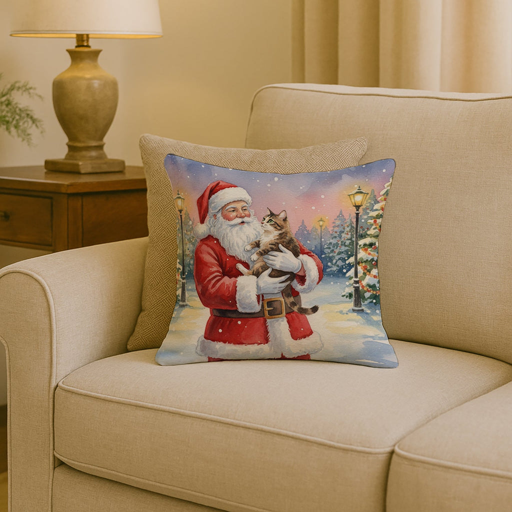 American Bobtail Cat with Santa Claus Decorative Throw Pillow 18x18 Indoor Outdoor Accent Cushion, Fabric Cover with Insert for Sofa, Bed, Porch & Living Room