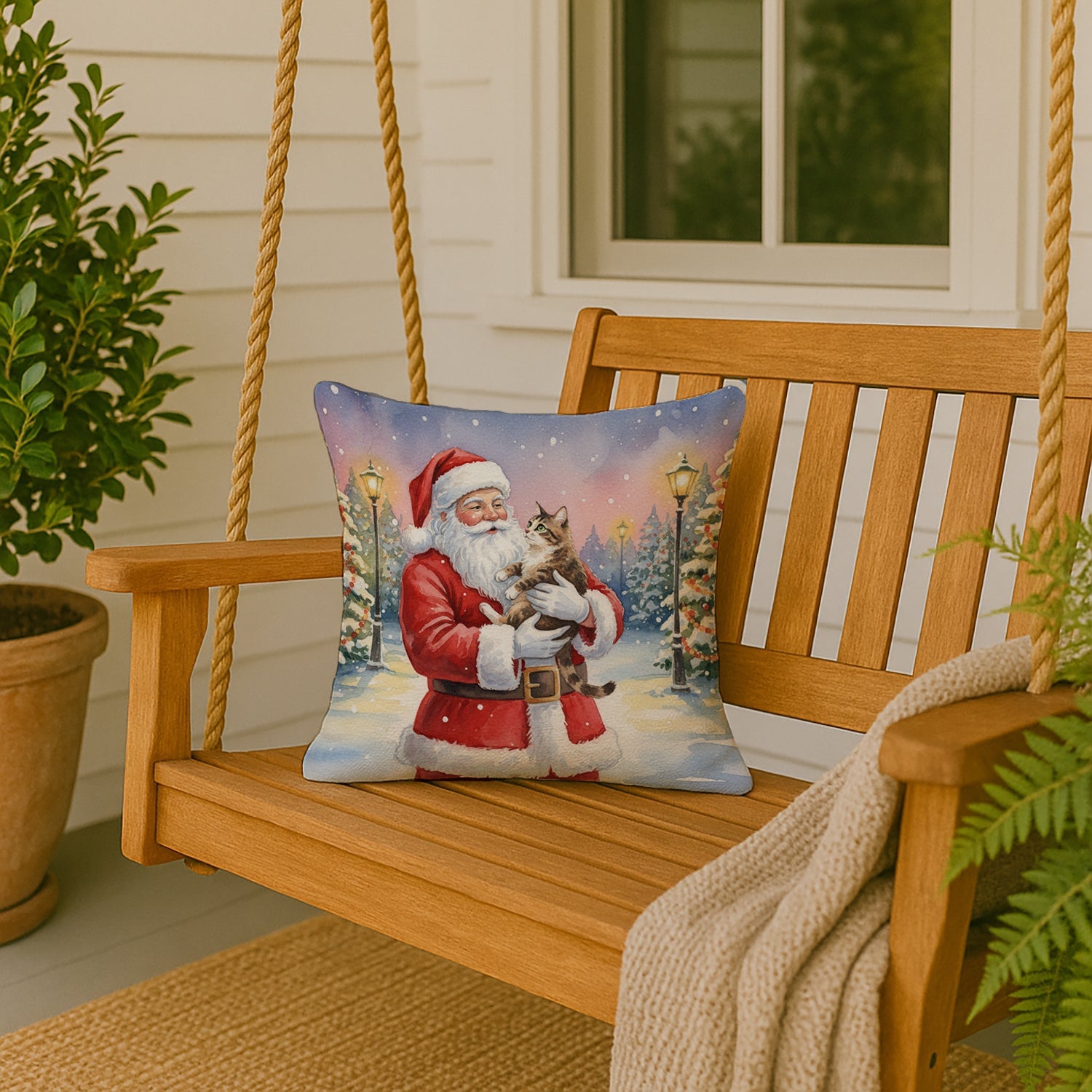 American Bobtail Cat with Santa Claus Decorative Throw Pillow 18x18 Indoor Outdoor Accent Cushion, Fabric Cover with Insert for Sofa, Bed, Porch & Living Room