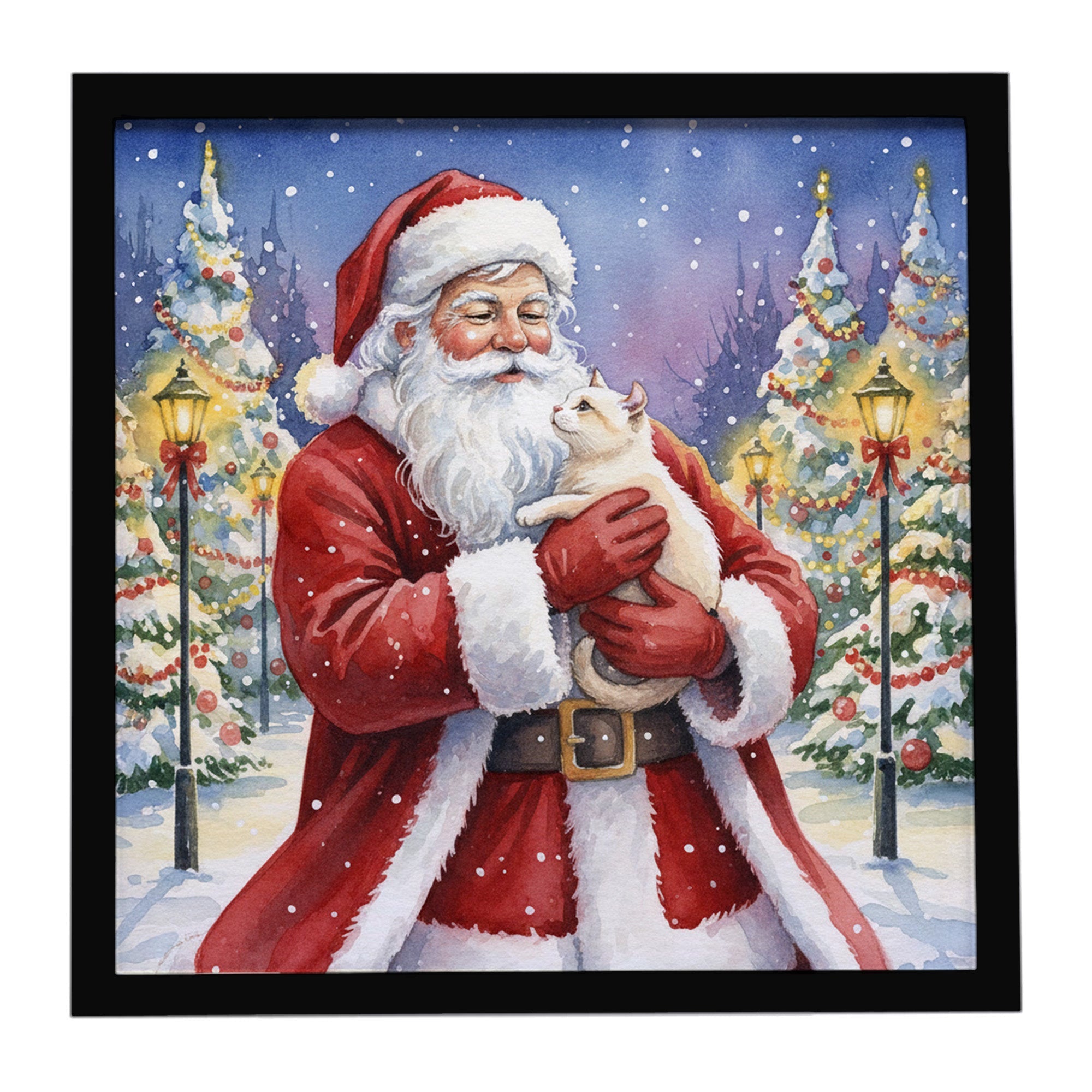 American Curl Cat with Santa Claus Framed Metal Print Bathroom, Kitchen, Office, Home Decor Wall Art Ready to Hang, Square, 8X8