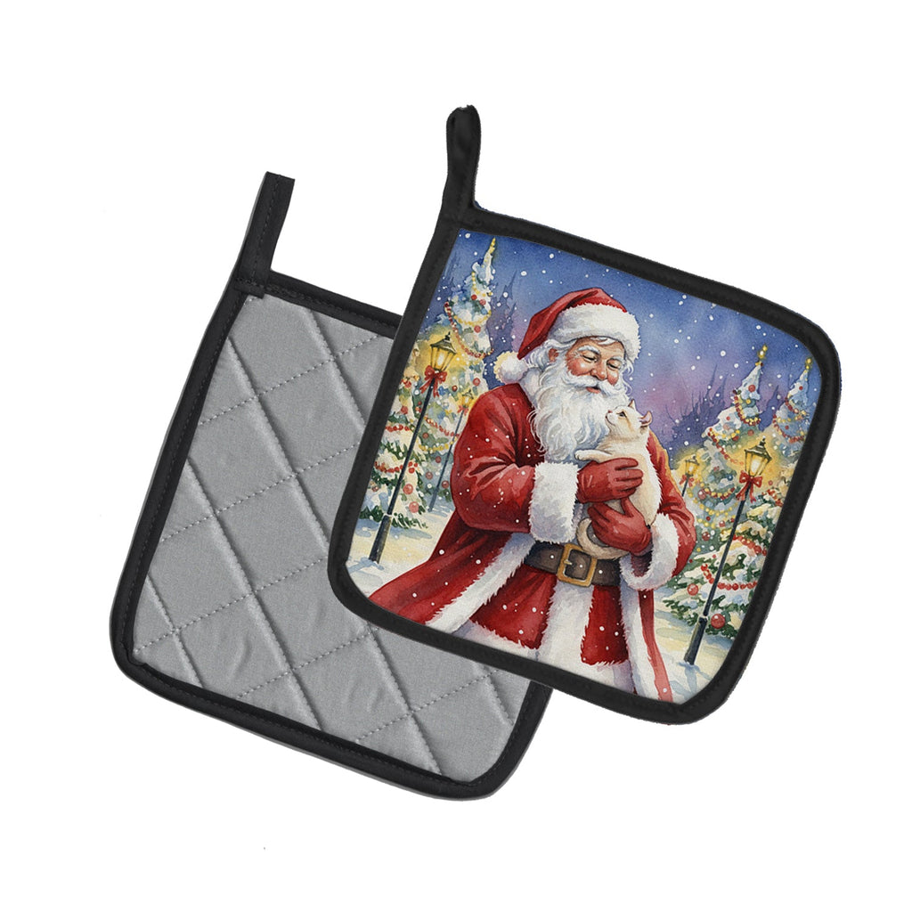 American Curl Cat with Santa Claus Pot Holder Set of 2 Heat Resistant Quilted Hot Pads 7.5 x 7.5 Inch, Insulated Kitchen Trivets for Cooking & Baking
