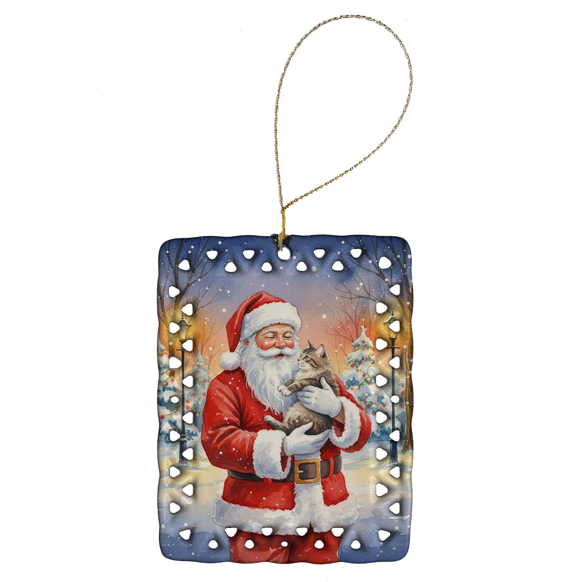 American Shorthair Cat with Santa Claus Porcelain Ornament Christmas Tree Hanging Decorations for Home Christmas Holiday, Rectangle, Gift, Multicolor