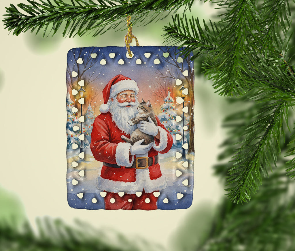 American Shorthair Cat with Santa Claus Porcelain Ornament Christmas Tree Hanging Decorations for Home Christmas Holiday, Rectangle, Gift, Multicolor