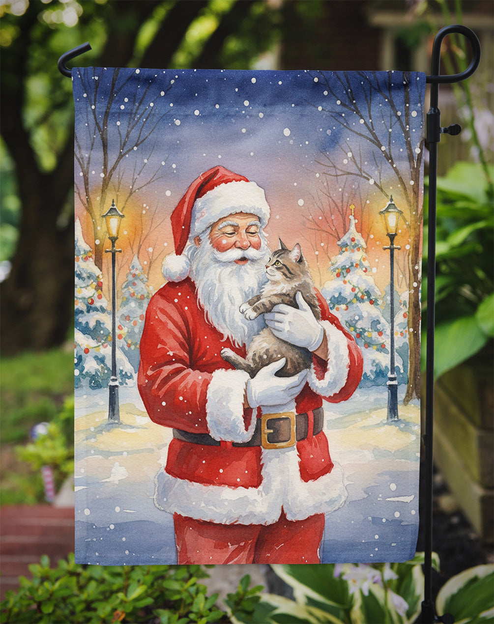 American Shorthair Cat with Santa Claus Garden Flag Mailbox Decorative Yard Banner Outside Patio Artwork for Flower Beds, Garden Size, Multicolor