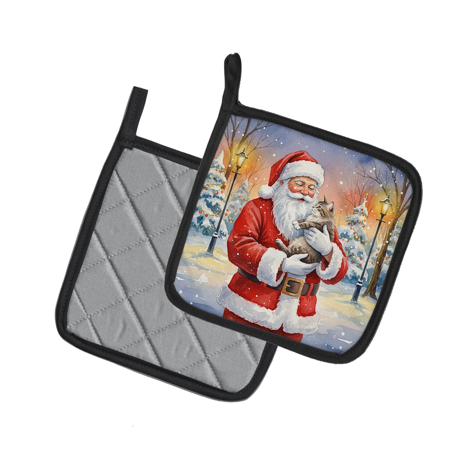 American Shorthair Cat with Santa Claus Pot Holder Set of 2 Heat Resistant Quilted Hot Pads 7.5 x 7.5 Inch, Insulated Kitchen Trivets for Cooking & Baking