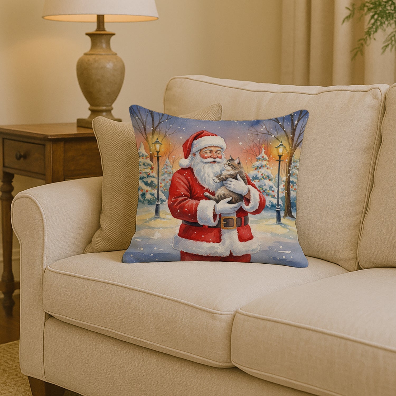 American Shorthair Cat with Santa Claus Decorative Throw Pillow 14x14 Indoor Outdoor Accent Cushion, Fabric Cover with Insert for Sofa, Bed, Porch & Living Room