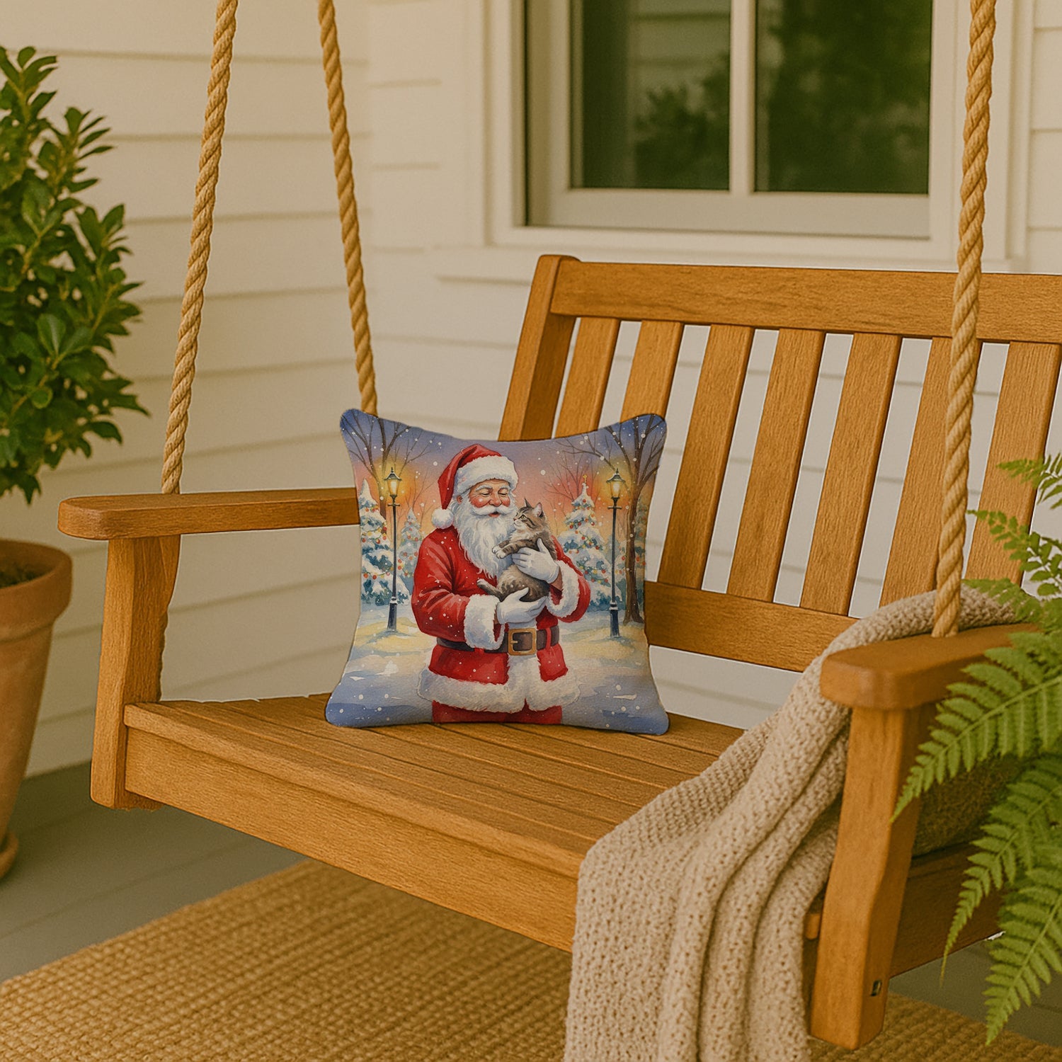 American Shorthair Cat with Santa Claus Decorative Throw Pillow 14x14 Indoor Outdoor Accent Cushion, Fabric Cover with Insert for Sofa, Bed, Porch & Living Room